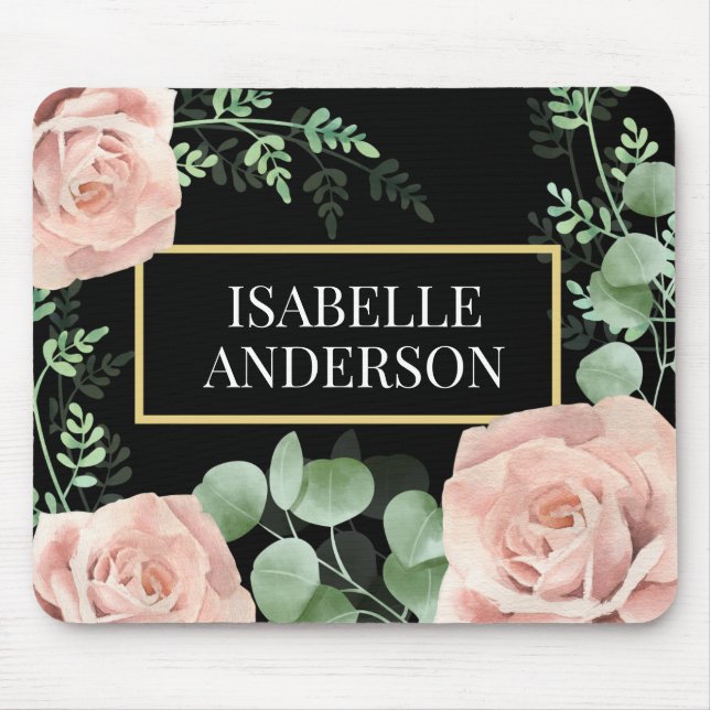Tapis De Souris Roses roses roses roses vertes Feuilles noires sur (Devant)