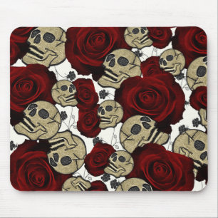 Tapis De Souris Roses Rouges & Crânes Floral Noir Gothique Blanc