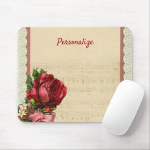 Tapis De Souris Roses rouges, dentelle et feuille de musique Perso