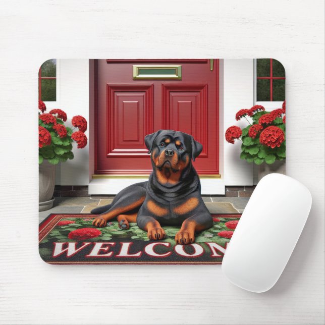 Tapis De Souris Rottweiler sur un tapis de bienvenue (Avec souris)