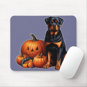Tapis De Souris Rotweiler Chien assis par des Citrouilles d'Hallow