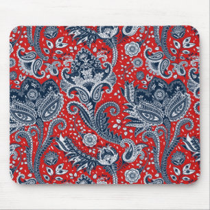 Tapis De Souris Rouge Blanc & Bleu Floral Paisley Bohème Bohémiens