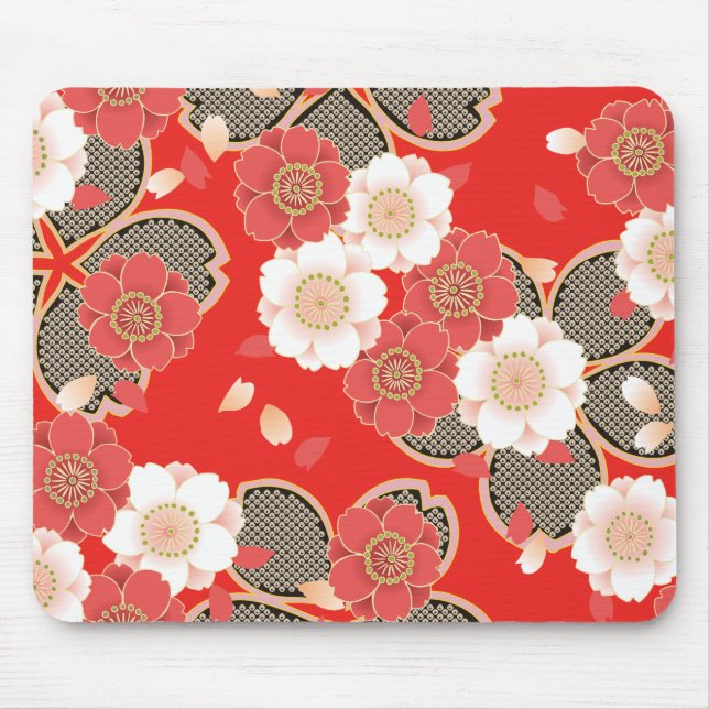 Tapis De Souris Rouge et blanc Sakura Japonais Kimono (Devant)