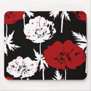 Tapis De Souris Rouge, fleurs blanches sur noir.