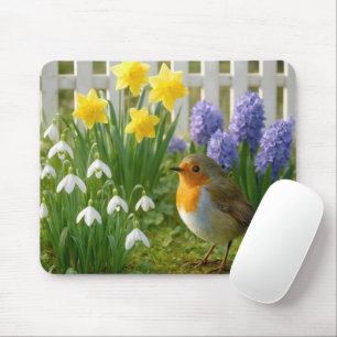 Tapis De Souris Rouge-gorge dans un jardin printanier