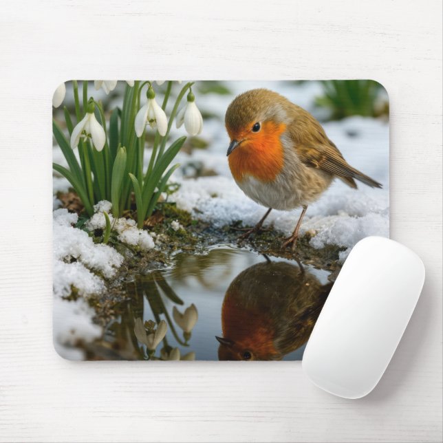 Tapis De Souris Rouge-gorge dans un jardin printanier (Avec souris)
