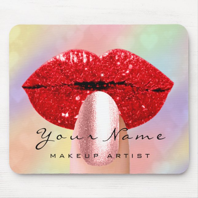 Tapis De Souris Rouge Kiss Lips Holographe Rainbow Nails maquillag (Devant)