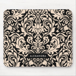 Tapis De Souris Rougissent la damassé rose sur le noir