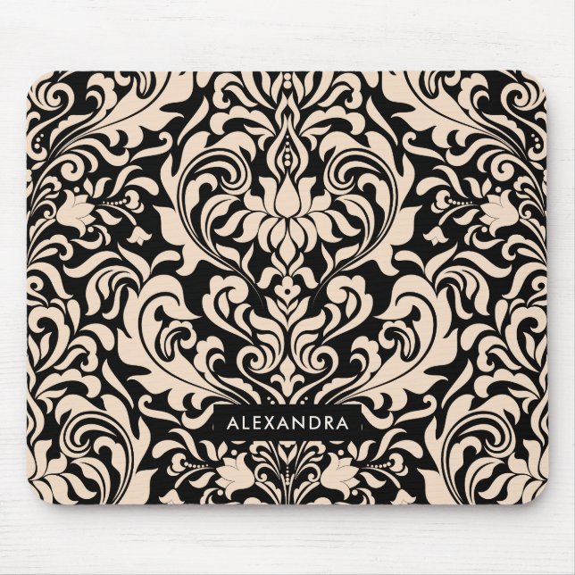 Tapis De Souris Rougissent la damassé rose sur le noir (Devant)