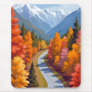 Tapis De Souris Route d'automne   Peinture aquarelle de la nature 