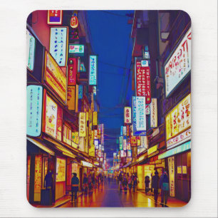 Tapis De Souris Rue de ville japonaise la nuit