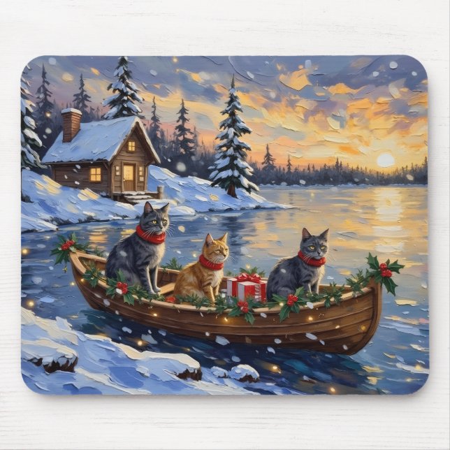 Tapis De Souris Russian Blue Cat Christmas Boat Holiday (Devant)