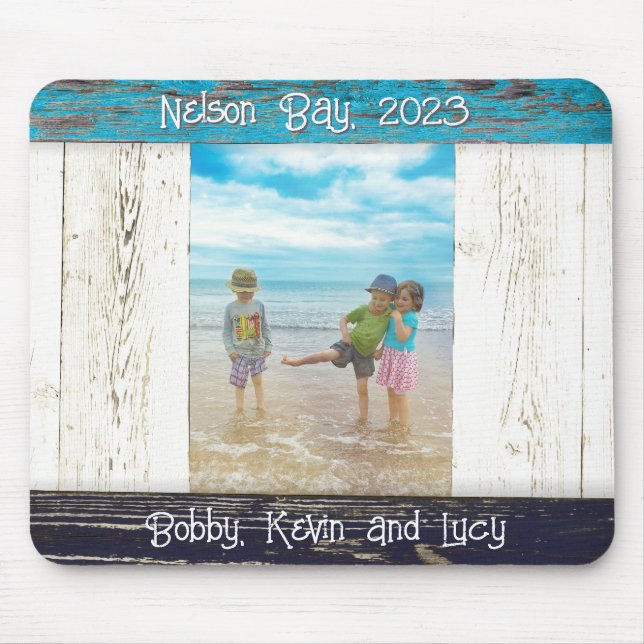 Tapis De Souris Rustic Blue White Beach Wood Photo Frame (Devant)