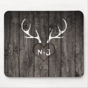 Tapis De Souris Rustic Deer Antlers & Carved Heart Country