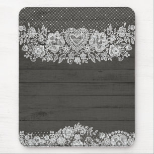 Tapis De Souris Rustic Wood & White Lace Lacy Farmhouse Chic