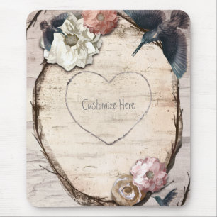 Tapis De Souris Rustique Blanc Birch Floral & Hummingbird Élégant