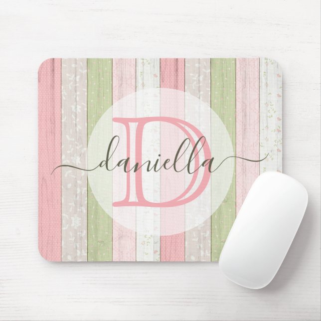 Tapis De Souris Sage rustique Vert & Rose Floral Bois Personnalisé (Avec souris)