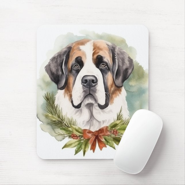 Tapis De Souris Saint Bernard Christmas Wreath Festive Pup (Avec souris)