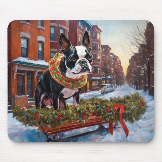 Tapis De Souris Saison de Noël de Boston Terrier (Devant)