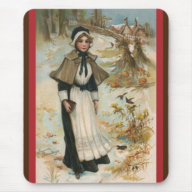 Tapis De Souris Salutations de Thanksgiving avec une femme pèlerin (Devant)