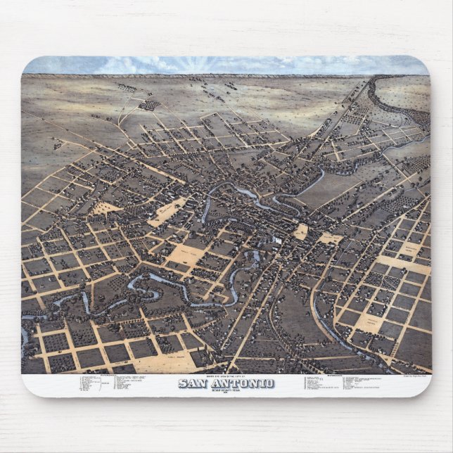 Tapis De Souris San Antonio, Texas, Antique Aerial City Map, 1873 (Devant)