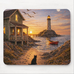 Tapis De Souris Scène de chat au coucher du soleil dans un cottage