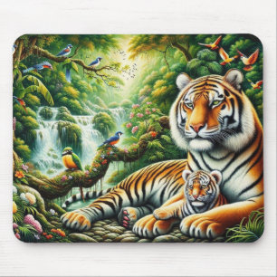 Tapis De Souris Scène de jungle paisible avec peinture de tigres