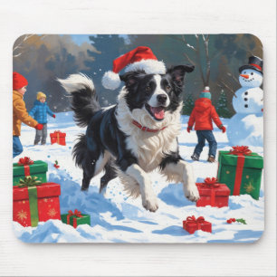 Tapis De Souris Scène de Noël festive Border Collie enneigée