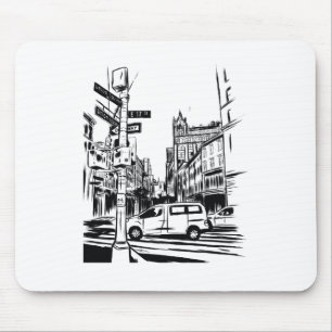 Tapis De Souris Scène de rue urbaine noire et blanche à New York