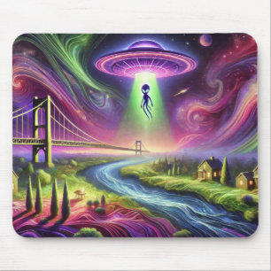Tapis De Souris Scène d'enlèvement par un OVNI coloré, alien et ci