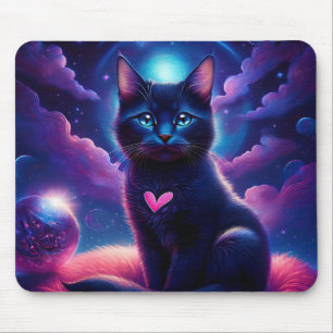 Tapis De Souris Scène Fantastique Chat Noir Beaux Yeux Bleus