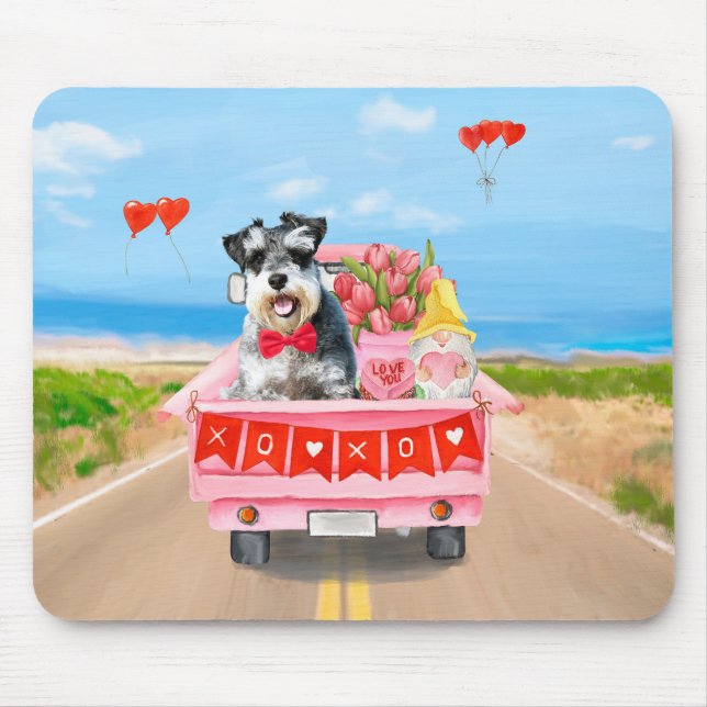 Tapis De Souris Schnauzer Chien Saint Valentin Coeurs de camion (Devant)