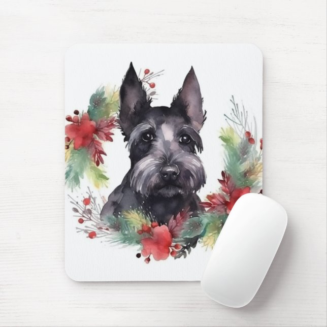 Tapis De Souris Scottish Terrier Christmas Wreath Festive Pup (Avec souris)