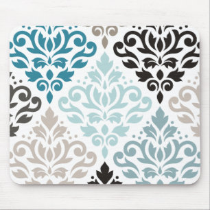 Tapis De Souris Scroll Damask XLg Motif Art Teals Browns White