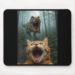 Tapis De Souris Selfie de chat orange avec T-Rex dinosaure drôle d