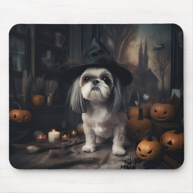 Tapis De Souris Shih Tzu Citrouilles Halloween Épouvantable (Devant)