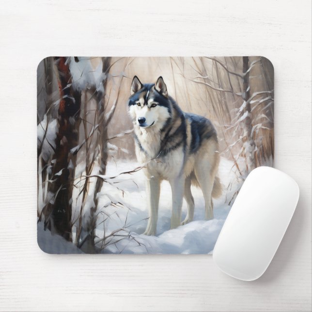 Tapis De Souris Sibérien Husky Laisser Neige Noël (Avec souris)