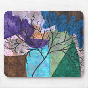 Tapis De Souris Silhouette d'arbre abstrait sur aquarelle colorée