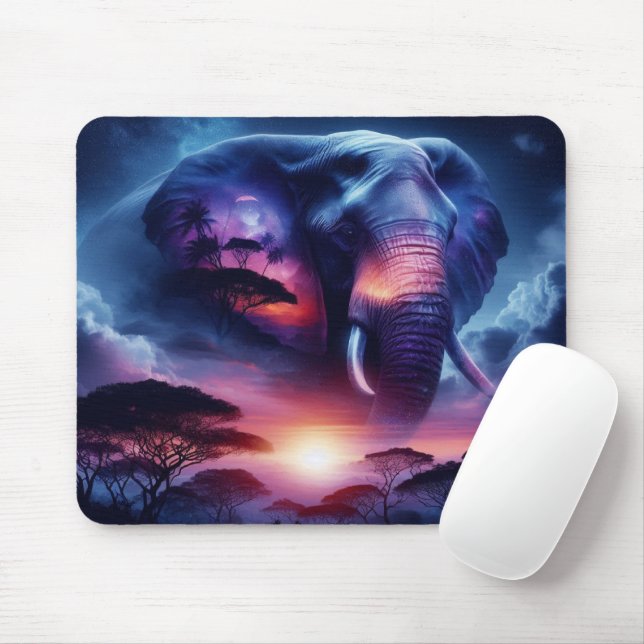 Tapis De Souris Silhouette d'éléphant au coucher du soleil (Avec souris)