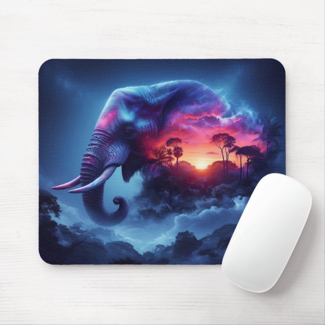 Tapis De Souris Silhouette d'éléphant fusionnée avec coucher de so (Avec souris)