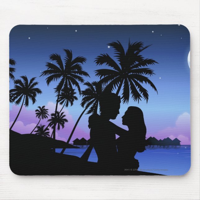 Tapis De Souris Silhouette d'un couple embrassant sur la plage (Devant)