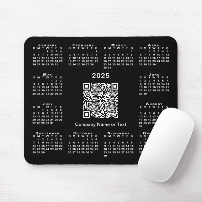 Tapis De Souris Simple 2025 Calendrier Business QR Code sur noir (Avec souris)