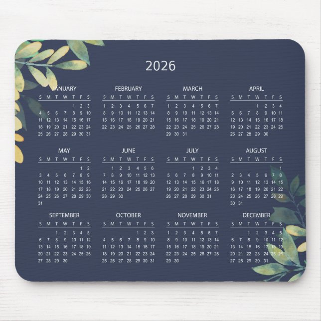 Tapis De Souris Simple Elegant Botanical 2026 Calendar | Mousepad (Devant)