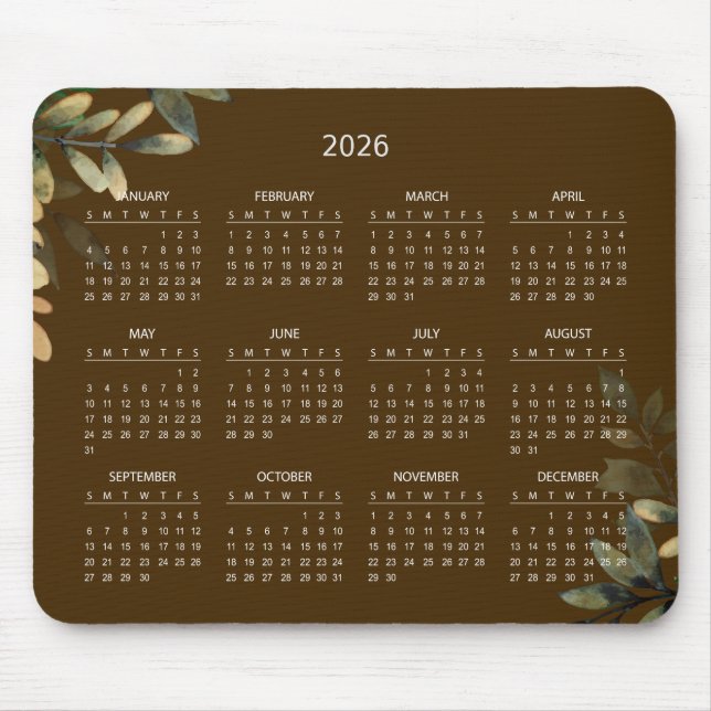 Tapis De Souris Simple Elegant Botanical 2026 Calendar | Mousepad (Devant)