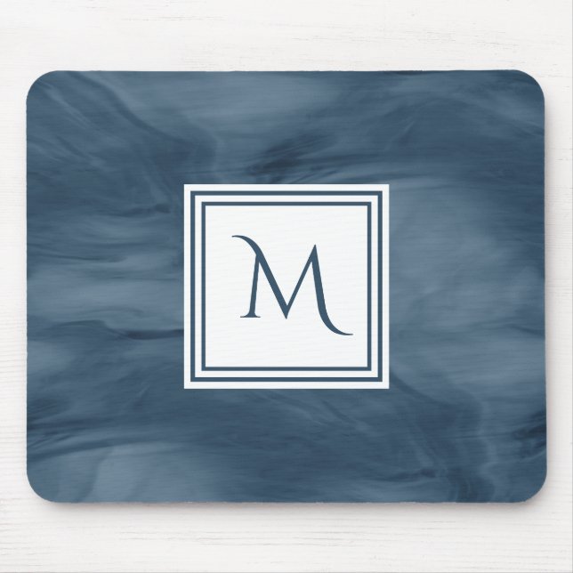 Tapis De Souris Simple Marine Bleu Marbre subtil Monogramme modern (Devant)