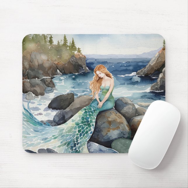 Tapis De Souris Sirène D'Aquarelle Sur Les Rochers Océaniques (Avec souris)