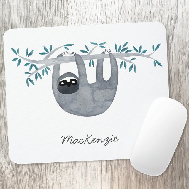 Tapis De Souris Sloth Personnalisé Cute (Sloth watercolor personalized custom name art mousemat)