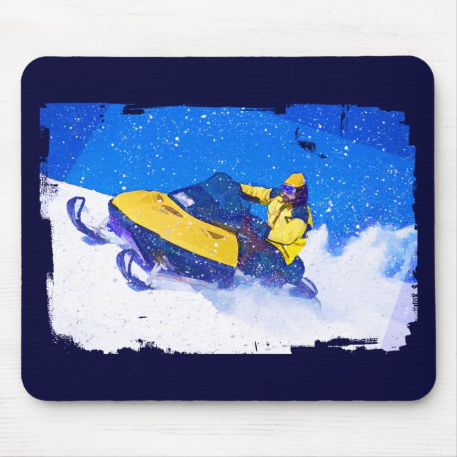 Tapis De Souris Snowmobile jaune dans la tempête de neige (Devant)