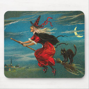 Tapis De Souris Sorcière Volant Chat Noir Croissant de Lune