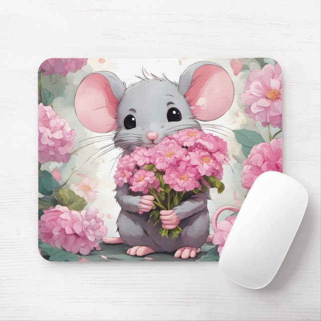Tapis De Souris Souris Avec Bouquet De Fleur Rose (Avec souris)